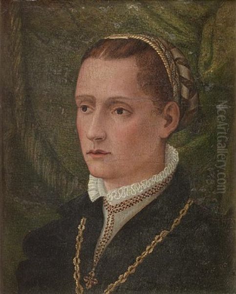 Portrait Of A Lady, In A Black Dress And A White Collar, Wearing A Gold Chain, Before A Green Velvet Curtain Oil Painting by Lorenzo Lotto