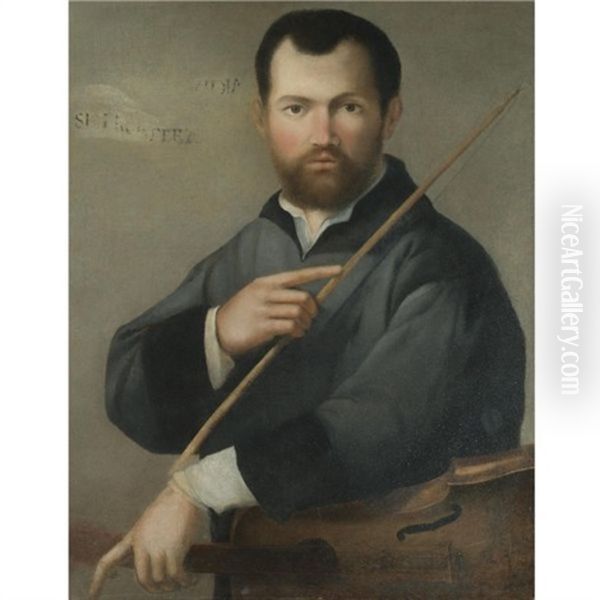 Portrait Of A Musician Holding A Lira Da Braccio Oil Painting by Lorenzo Lotto