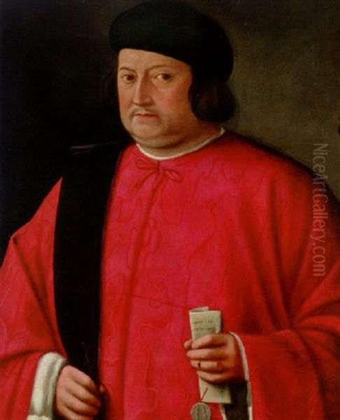 Portrait Of A Venetian Dignitary In Robes Of Office Holding A Letter Of Appointment Oil Painting by Lorenzo Lotto