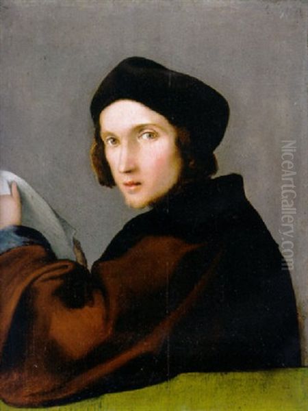 Portrait Of A Young Man In A Brown Mantle And A Dark Cap, A Letter In His Hands Oil Painting by Lorenzo Lotto