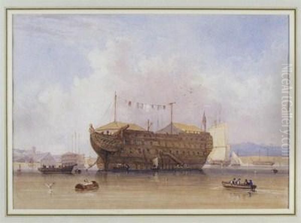 A Hulk At Anchor Near A Port, Possibly Portsmouth Oil Painting by Charles Bentley