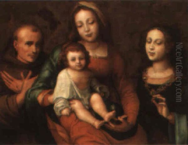 Madonna And Child With St. Catherine And St. Francis Oil Painting by Lorenzo Lotto