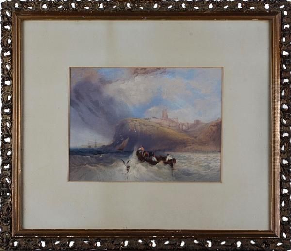 Boat In Choppy Seas By A Cliff Face Oil Painting by Charles Bentley