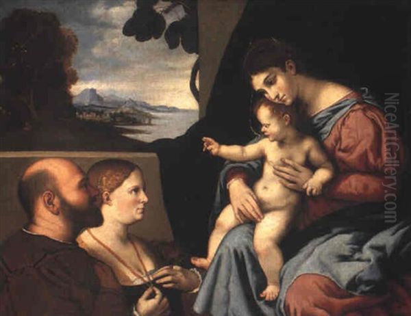 Madonna And Child With Donor Couple Oil Painting by Lorenzo Lotto