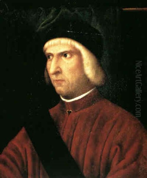 A Portrait Of A Venetian Dignitary, Half Length, Wearing A  Sash Across His Red Jacket by Lorenzo Lotto