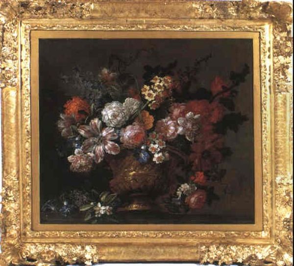 Blumenstrauss Von Tulpen Wicken, Pfingstrosen, Nelken,      Flieder, Rosen In Einer Skulptierten Prunkvase Oil Painting by Johannes Lotyn