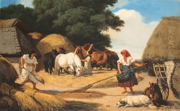 Threshing Oil Painting by Karoly Lotz