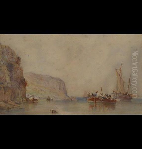 Coastal Scene With Fishermen In The Water Oil Painting by Charles Bentley