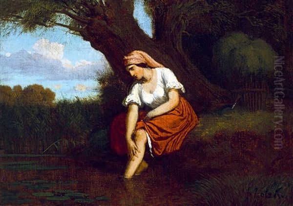 Girl By The Brook, C. 1860 Oil Painting by Karoly Lotz