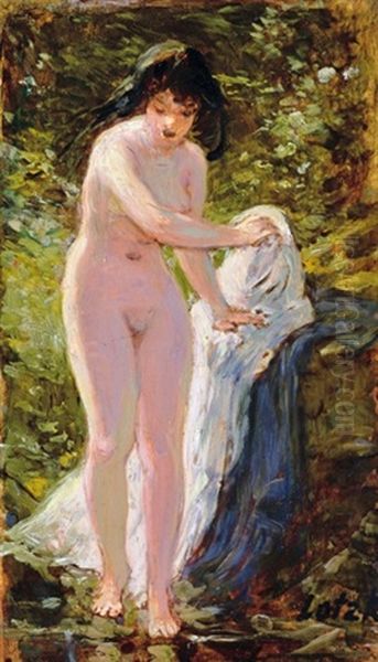 Nude Stepping Into The Brook (before Bath) Oil Painting by Karoly Lotz