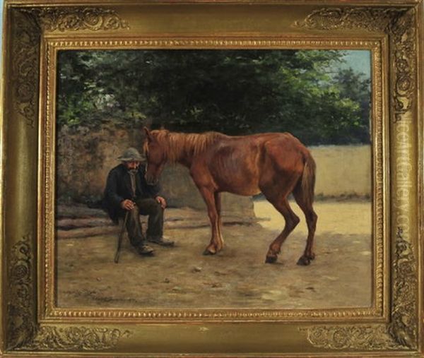 Alterer Bauer Mit Stock Sitzt Im Schatten, Ein Pferd Leistet Ihm Gesellschaft Oil Painting by Matilda Lotz