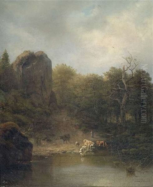 Rinderherde An Einem Gewasser Oil Painting by Moritz Eduard Lotze