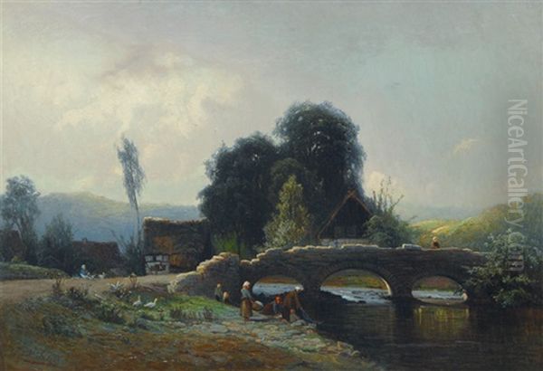 Washerwomen At A Bridge Oil Painting by Moritz Eduard Lotze