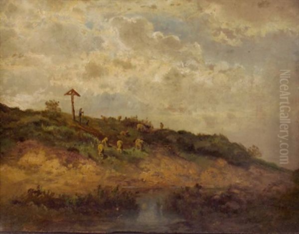 Landschaft Mit Schafhirte Und Wegkreuz Oil Painting by Moritz Eduard Lotze