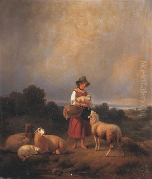 Junge Schaferin Mit Ihrer Herde, Im Hintegrund See Oil Painting by Moritz Eduard Lotze