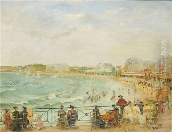 Grande Plage De Biarritz Oil Painting by Henri Jean Pierre Loubat