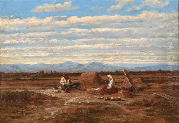 Paysage De Provence Avec Deux Paysans Oil Painting by Emile (Charles Joseph) Loubon