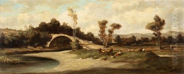 Paysannes Au Bord D'une Riviere Oil Painting by Emile (Charles Joseph) Loubon