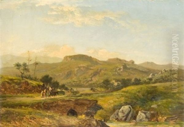 Paysage De Provence Anime De Personnages Sur Un Pont Oil Painting by Emile (Charles Joseph) Loubon