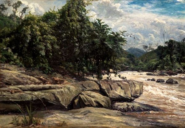 Paysage Au Fleuve Oil Painting by Emile (Charles Joseph) Loubon