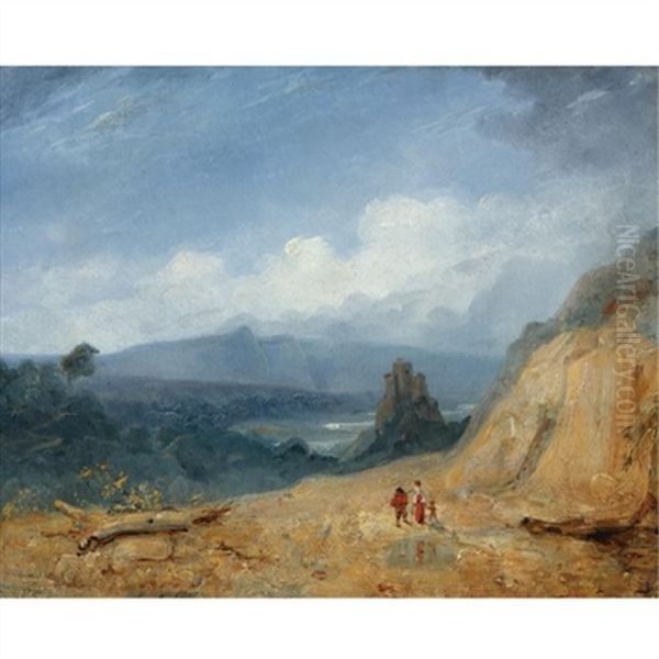 Travellers On A Mountain Path Oil Painting by Emile (Charles Joseph) Loubon