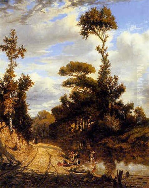 Fishing In Wooded River Landscape Oil Painting by Emile (Charles Joseph) Loubon