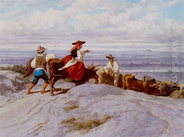 Le Retour Du Troupeau Oil Painting by Emile (Charles Joseph) Loubon