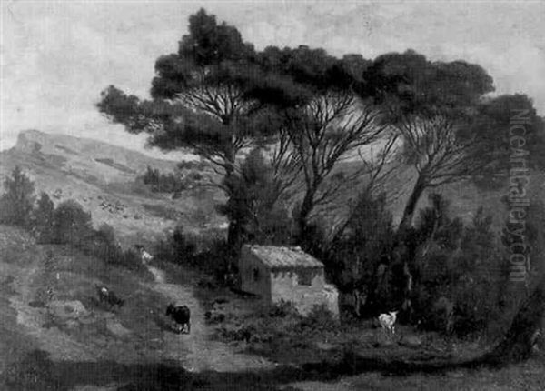 Paysage Provencal Anime De Chevres Et Bergers Oil Painting by Emile (Charles Joseph) Loubon