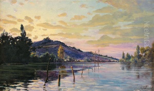 Coucher De Soleil Sur Un Fleuve Oil Painting by Paul Francois Louchet