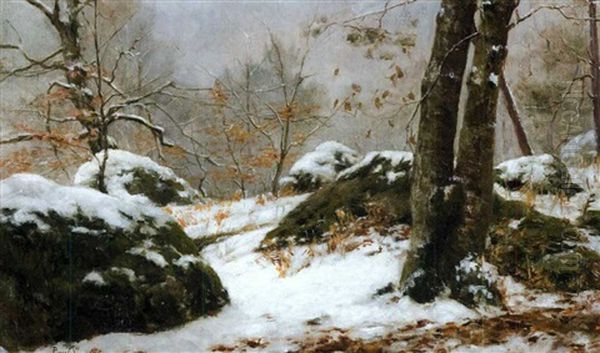 Paysage Enneige A Fontainebleau Oil Painting by Paul Francois Louchet