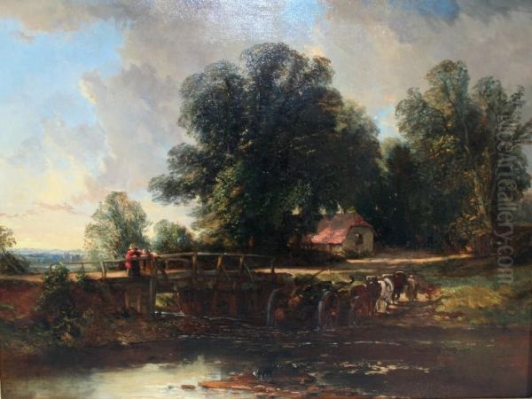 Sunset, Mayford Bridge, Woking, Surrey Oil Painting by Joseph Clayton Bentley