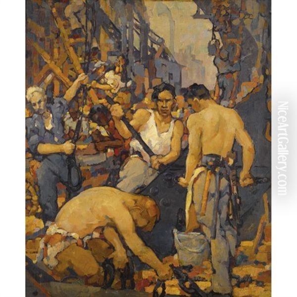 Construction Workers Oil Painting by Walt Louderback