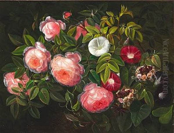 Pink Roses And Bindweed Oil Painting by  Louise (Queen of Denmark)