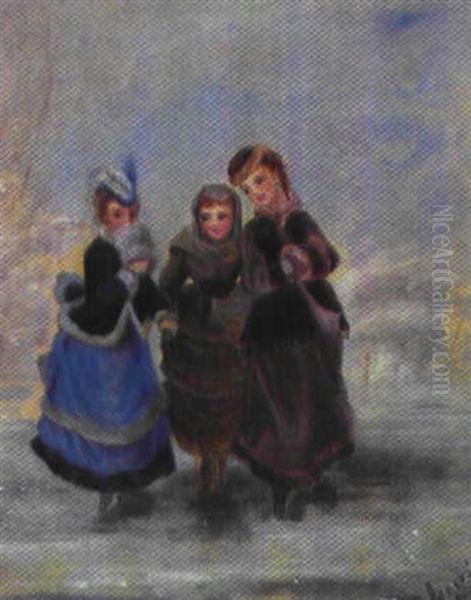 Tre Unge Damer Pa Skojter Oil Painting by  Louise (Queen of Denmark)