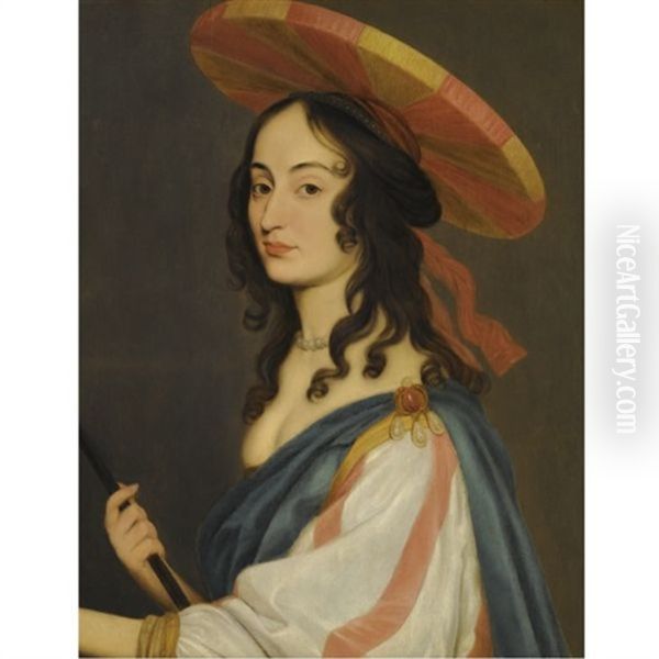 Self-portrait, Holding A Paint Brush Oil Painting by  Louise Hollandine Princess of Palatine