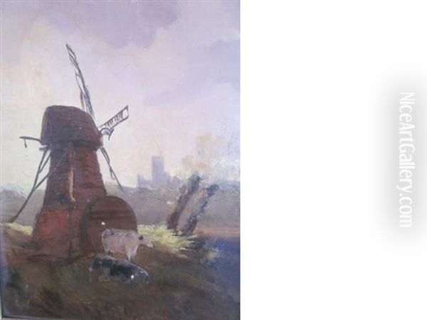 Windmill Scene With Cattle Oil Painting by Thomas Lound