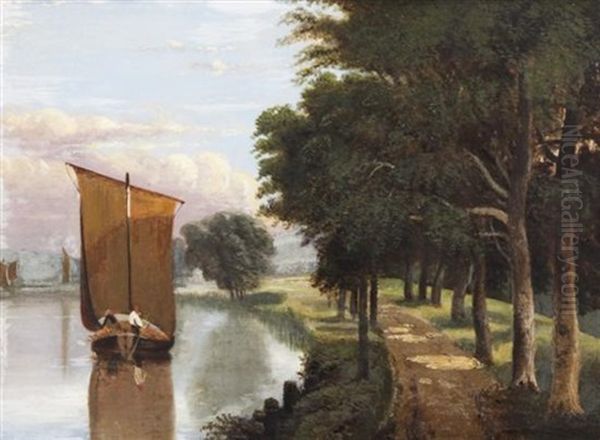 River Landscape With Sail Barge Oil Painting by Thomas Lound