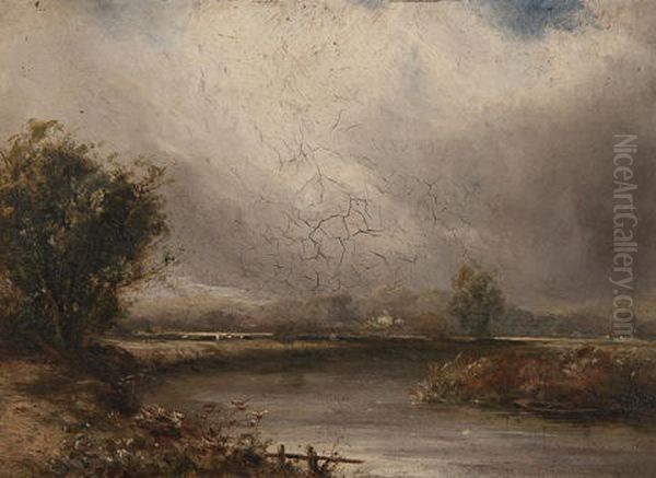 River Landscape With Fisherman, Cattle And Trees (+ Another, Sketch, Verso) Oil Painting by Thomas Lound