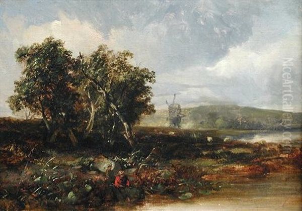 Norfolk Landscape With Fishermen By A Windmill Oil Painting by Thomas Lound