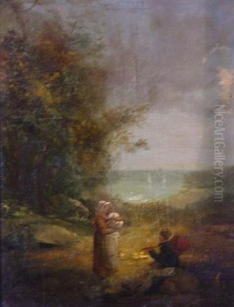 Junge Bauernfamilie Bei Der Rast In Sommerlicher Kustenlandschaft Oil Painting by Thomas Lound