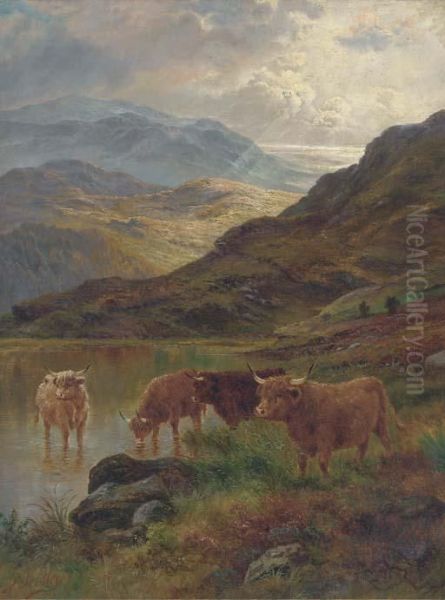 Cattle Watering In A Highland Landscape Oil Painting by Susan J. Bentley