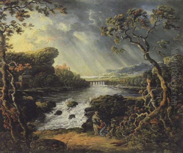 Fluslandschaft Mit Einer Burgruine, Einer Steinernen Bogenbrucke Und Figuren by Philipp Jakob Loutherbourg the Elder