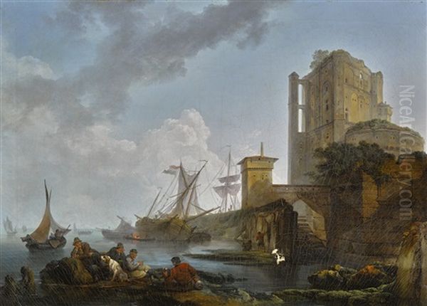 A Calm: A Harbour Scene, With Fishermen Resting Near Ruins Oil Painting by Philip James de Loutherbourg