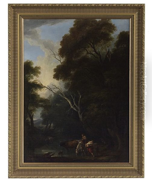 Wooded Landscape With Drovers At A Ford Oil Painting by Philip James de Loutherbourg