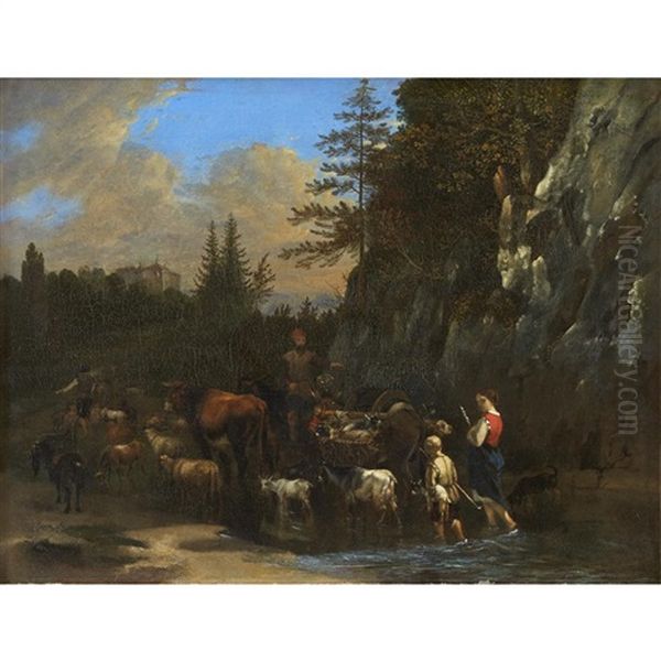 Herders With Their Flock Crossing A Stream Oil Painting by Philip James de Loutherbourg