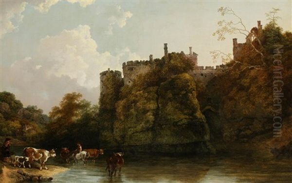 Chepstow Castle From The River Wye With Cattle To The Foreground Oil Painting by Philip James de Loutherbourg