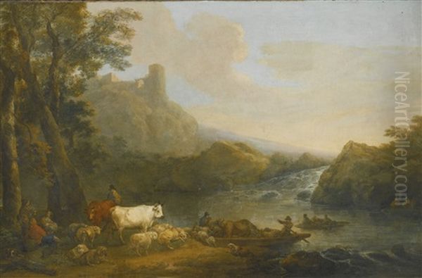 A Rocky Landscape With Figures Ferrying Livestock Across A River Oil Painting by Philip James de Loutherbourg