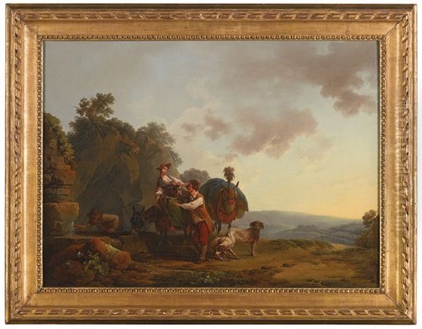 Travellers Resting At A Fountain Oil Painting by Philip James de Loutherbourg