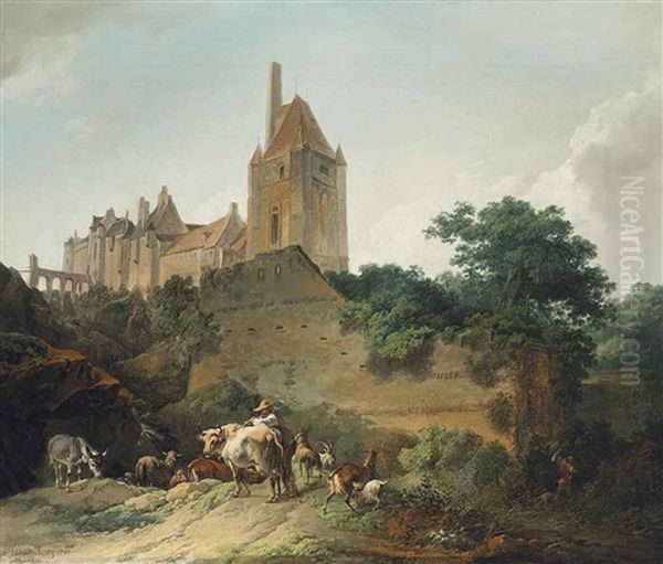 A View Of A Castle With A Herdsman, His Sheep, Goats And A Donkey Oil Painting by Philip James de Loutherbourg