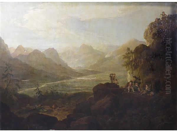 A Group Of Sportsmen With Guns In An Extensive Alpine Landscape Oil Painting by Philip James de Loutherbourg